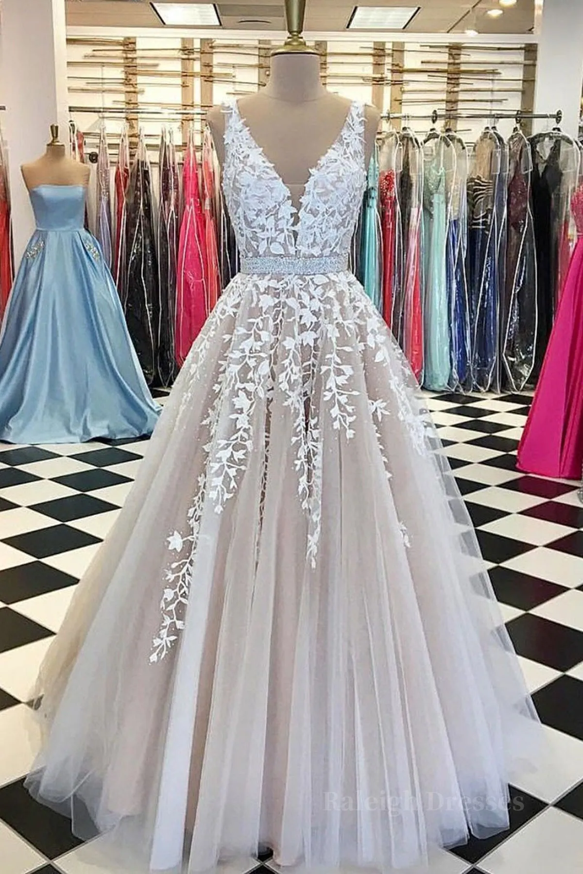 A Line V Neck Champagne Lace Prom Dresses, Champagne Lace Formal Evening Dresses