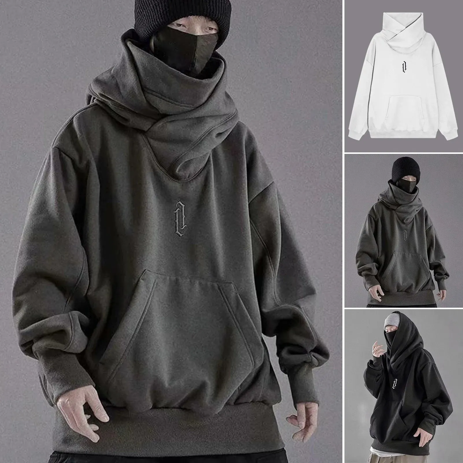 Autumn Winter High Collar Hoodie Pullover Loose Men Coat Tops Harajuku Hiphop Gothic Outwear Streetwear Fleece Hooded Sweatshirt