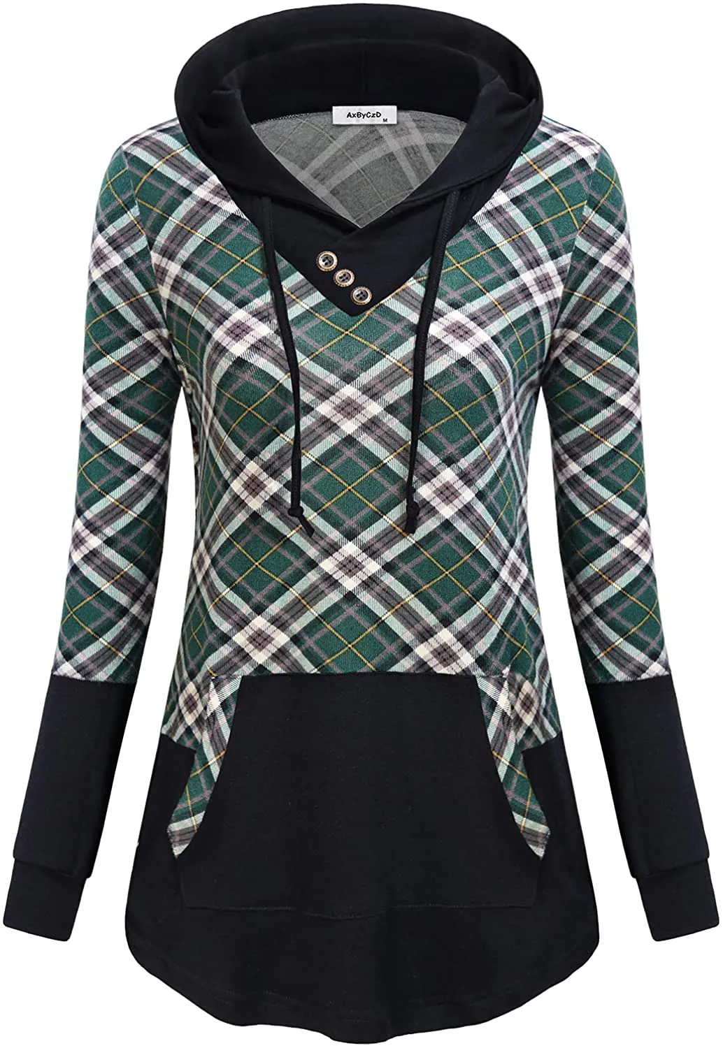 AxByCzD Womens Plaid Sweatshirt Long Sleeve Color Block Hoodies with Kangaroo Pocket