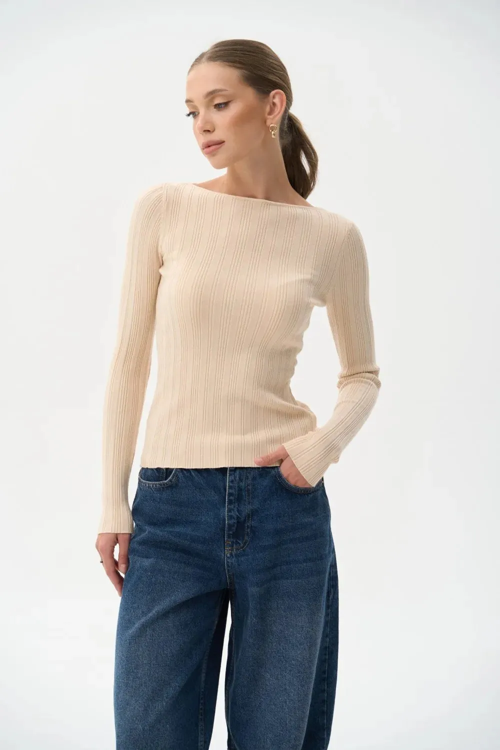 Beige Long Sleeve Rib Knit Sweater