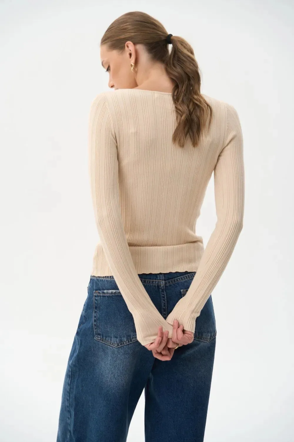 Beige Long Sleeve Rib Knit Sweater