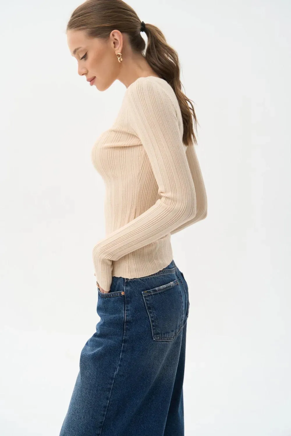 Beige Long Sleeve Rib Knit Sweater