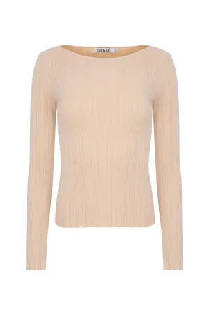 Beige Long Sleeve Rib Knit Sweater