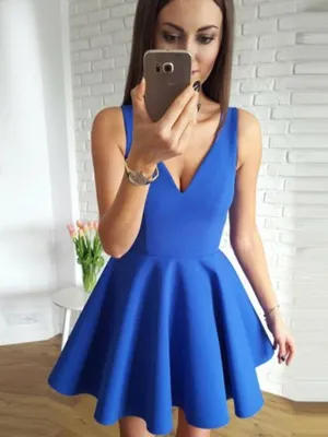 Blue Satin V-neck Sleeveless Cheap Homecoming Dresses,HD0054