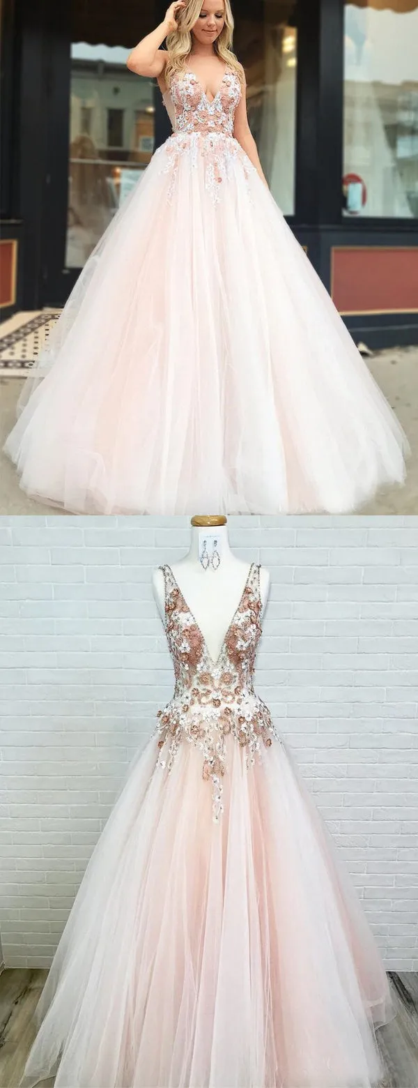 Blush Pink Tulle Applique V-neck Sleeveless Prom Dresses For Teens .PD00238