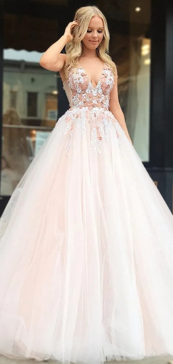 Blush Pink Tulle Applique V-neck Sleeveless Prom Dresses For Teens .PD00238