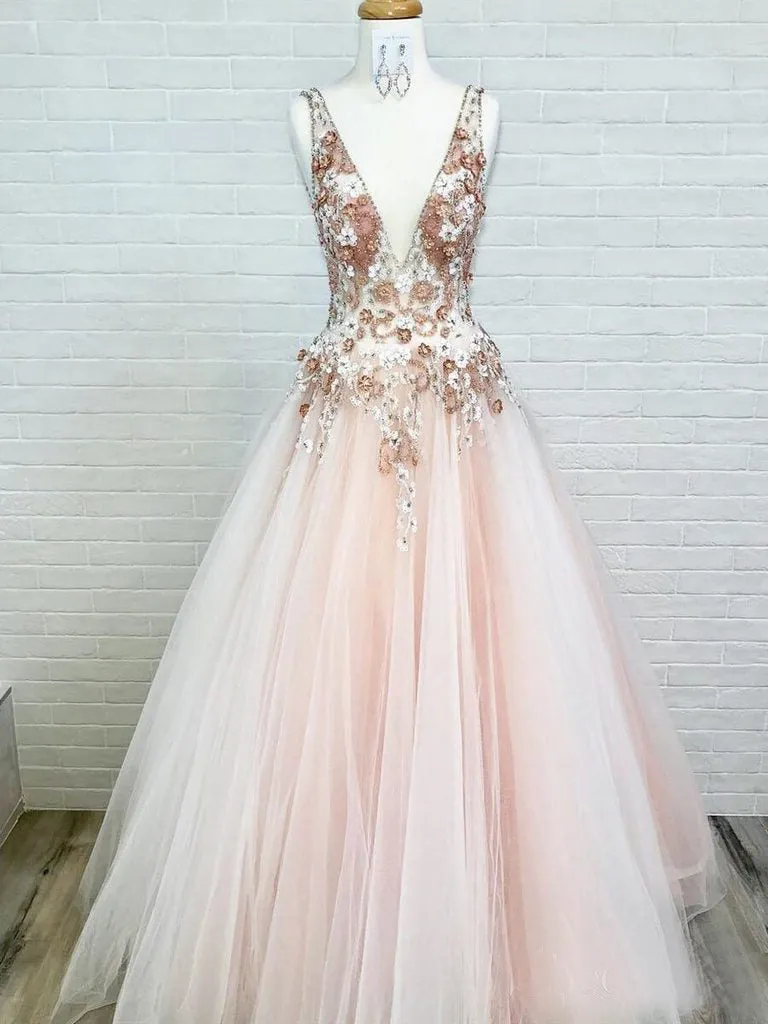 Blush Pink Tulle Applique V-neck Sleeveless Prom Dresses For Teens .PD00238