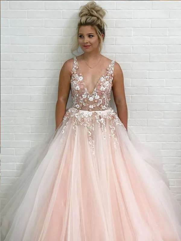 Blush Pink Tulle Applique V-neck Sleeveless Prom Dresses For Teens .PD00238