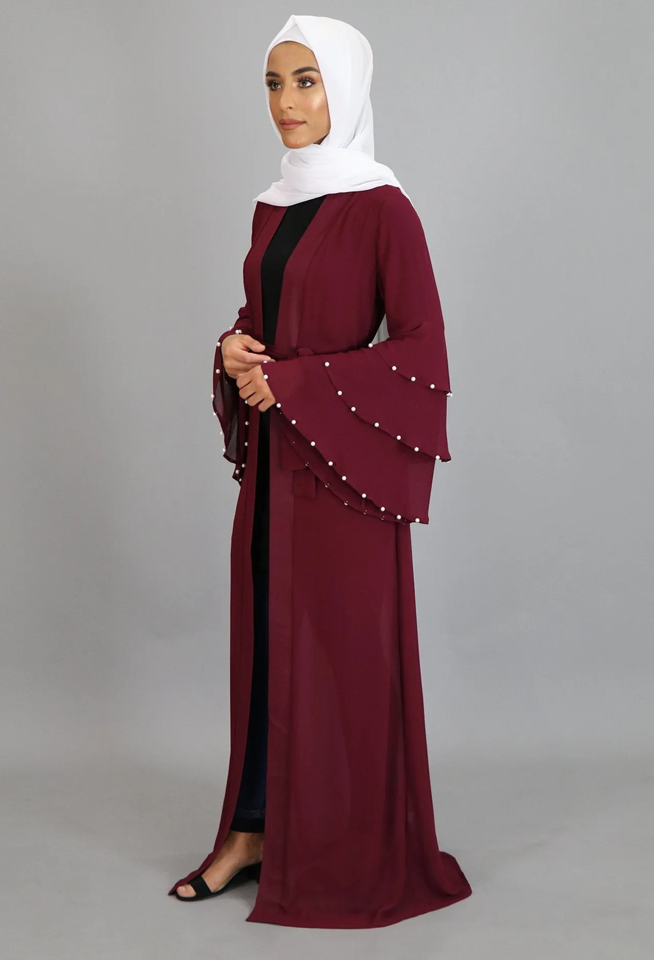 Burgundy Chiffon Pearls Abaya Cardigan Dress