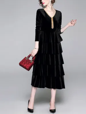 Chain Fringed V-Neck Temperament Slim Cake Dress Elegant Velvet Dress