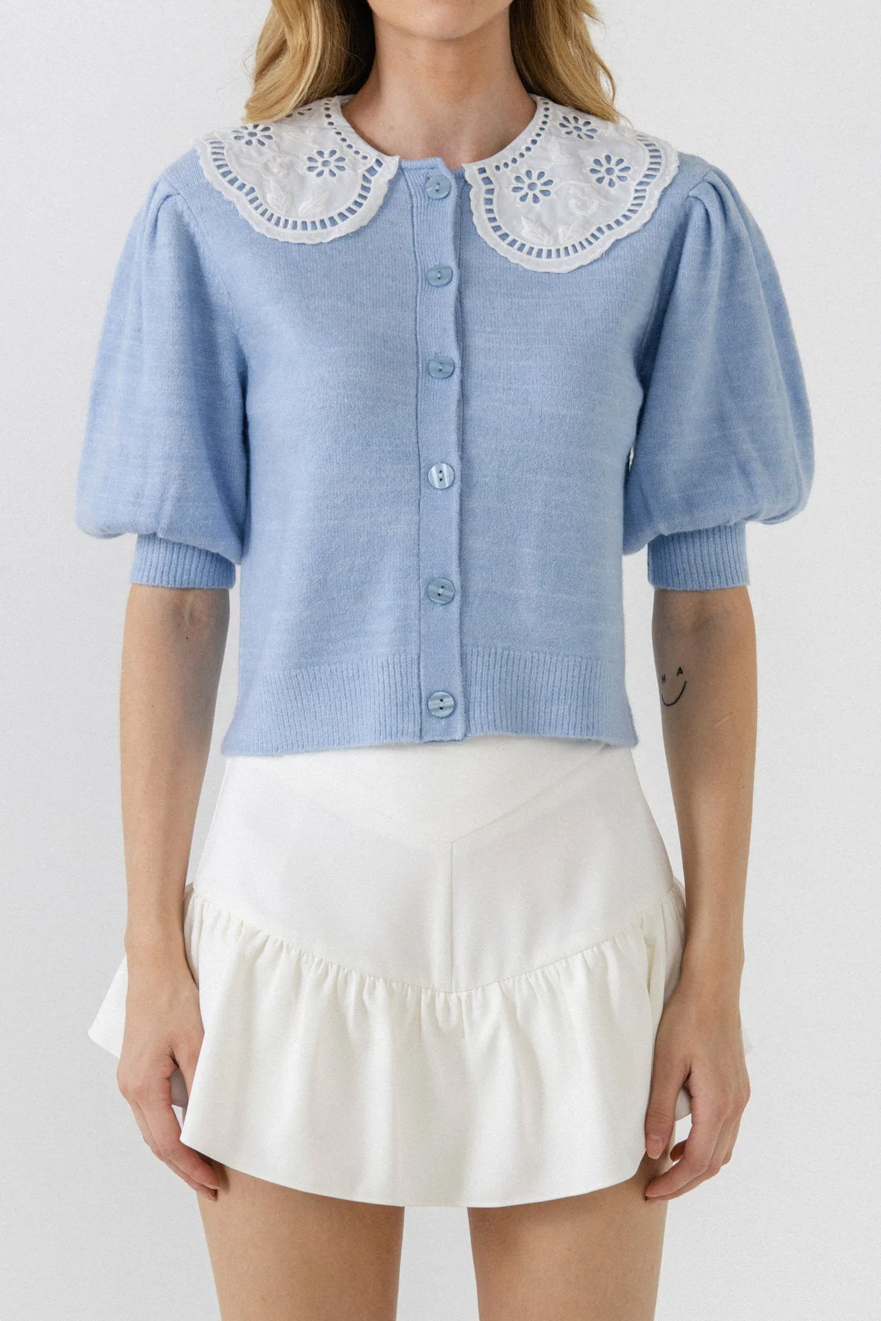 Collar Detail Short Puff Sleeve Cardigan