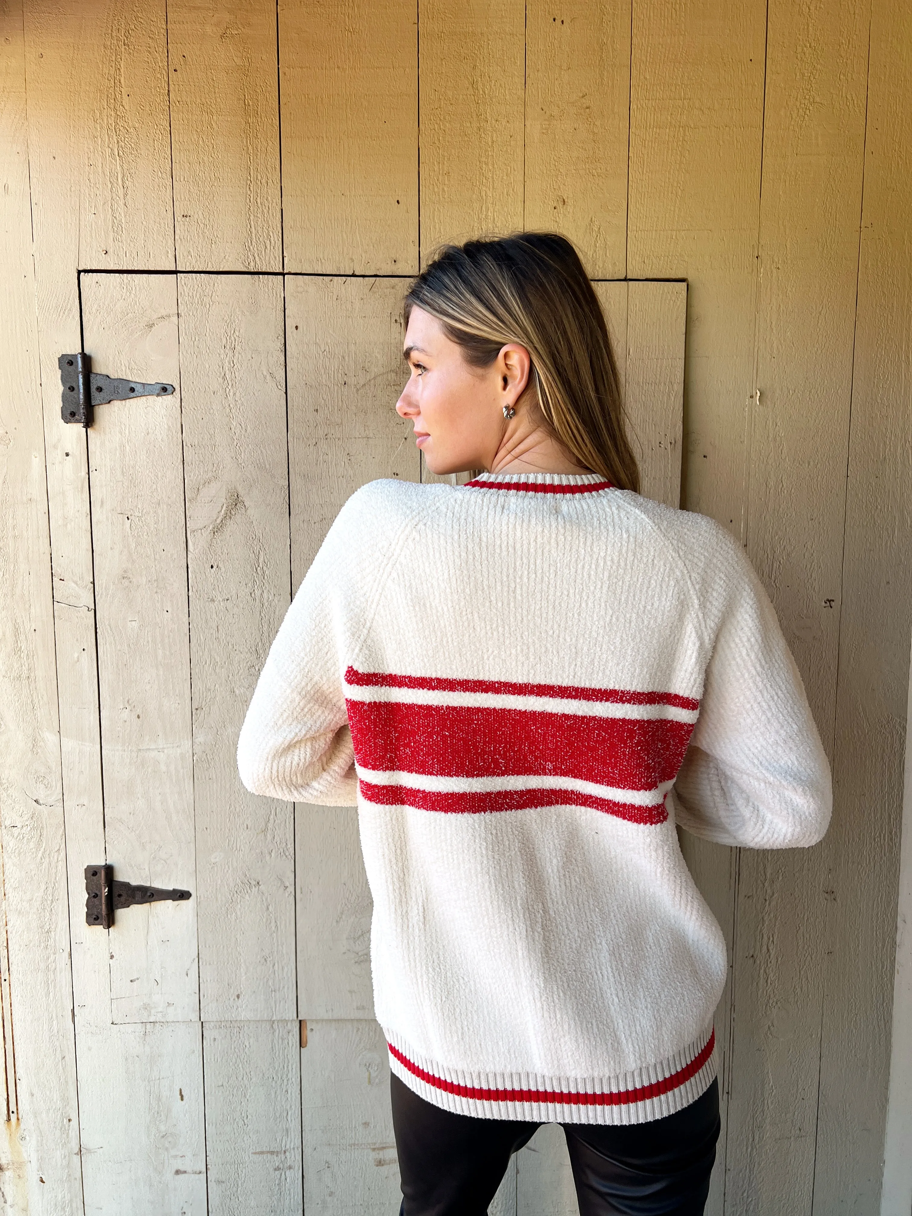 COZYCHIC COTTON APRES PULLOVER SWEATER - CREAM/RED