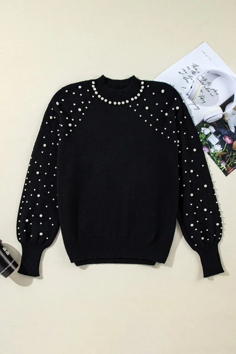 Dazzling Beaded Pearl Black Sweater