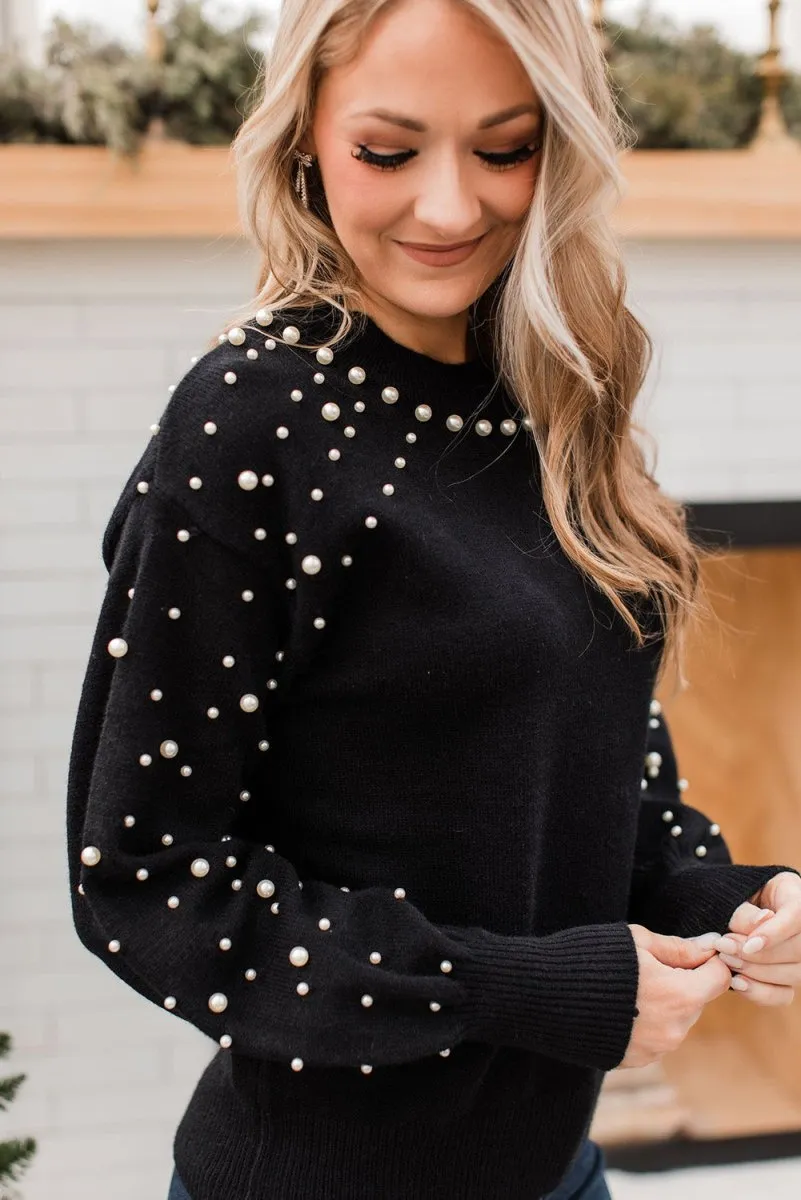 Dazzling Beaded Pearl Black Sweater