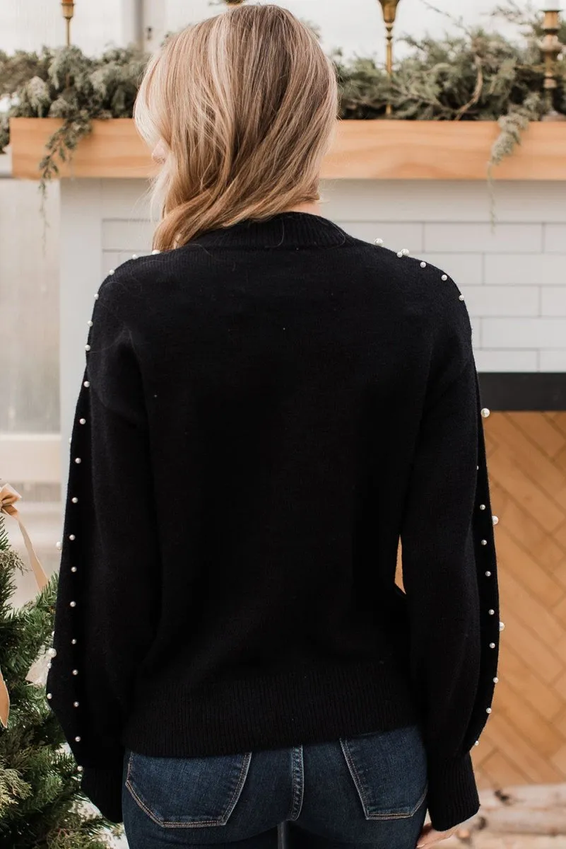 Dazzling Beaded Pearl Black Sweater