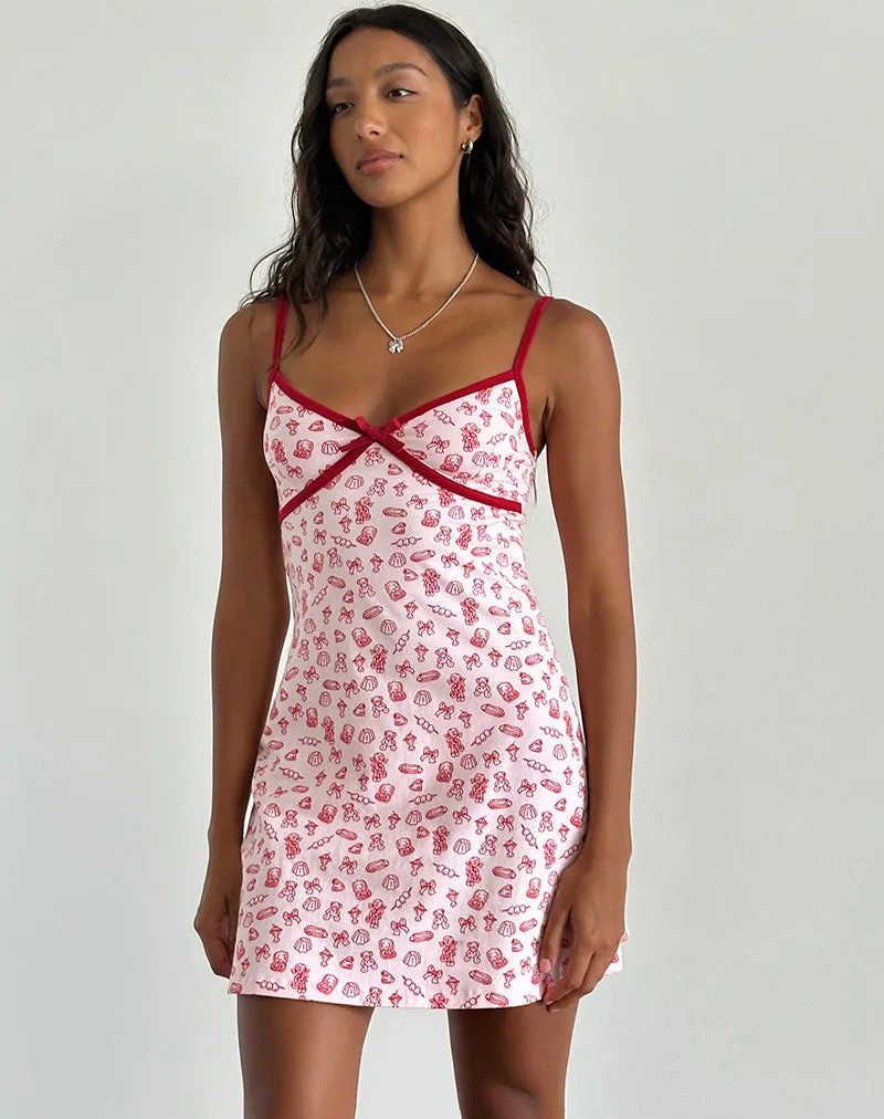 Dimaya Mini Dress in Girlie Print with Red Binding