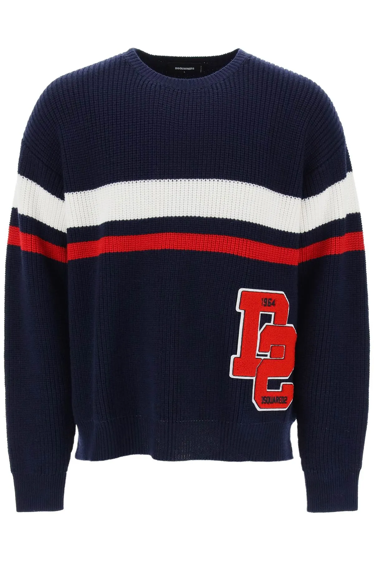 Dsquared2 wool sweater with varsity patch S74HA1429 S18431 BLUE WHITE RED