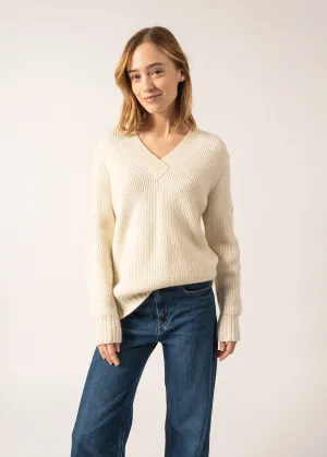 Gavarnie V-neck Jumper - in wool, with twisted details (BLANC D'HIVER)