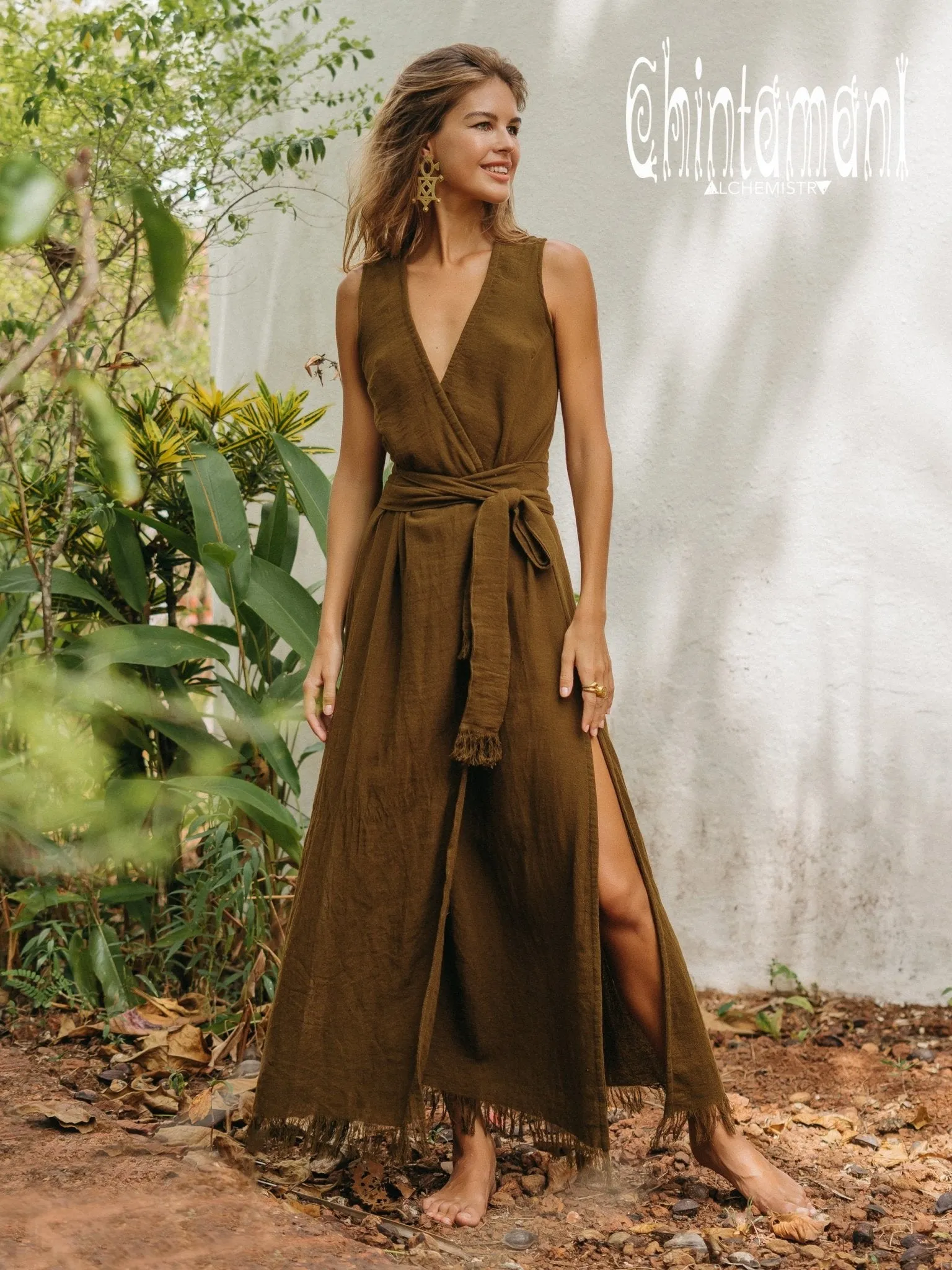 Gypsy Raw Cotton Sleeveless Long Wrap Dress / Brown