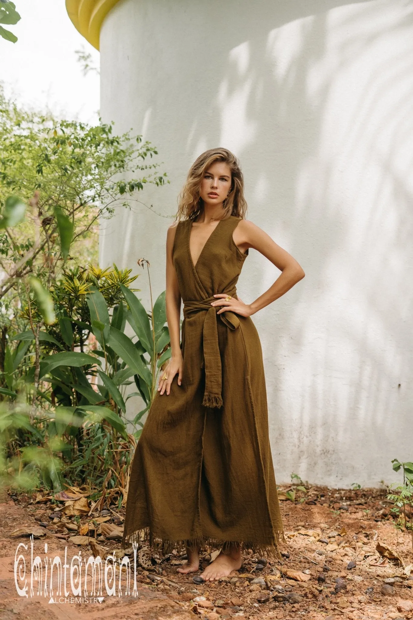 Gypsy Raw Cotton Sleeveless Long Wrap Dress / Brown