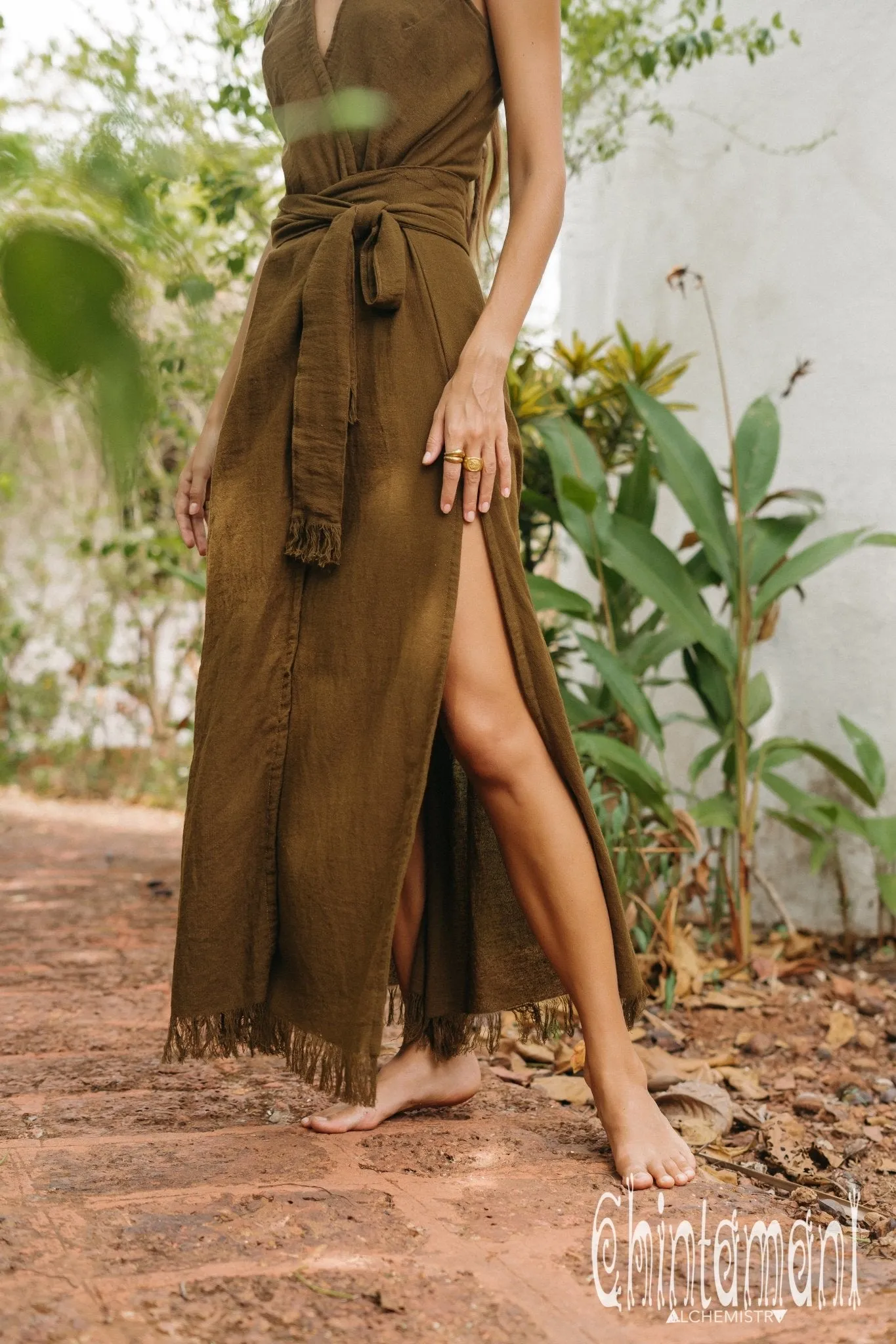 Gypsy Raw Cotton Sleeveless Long Wrap Dress / Brown