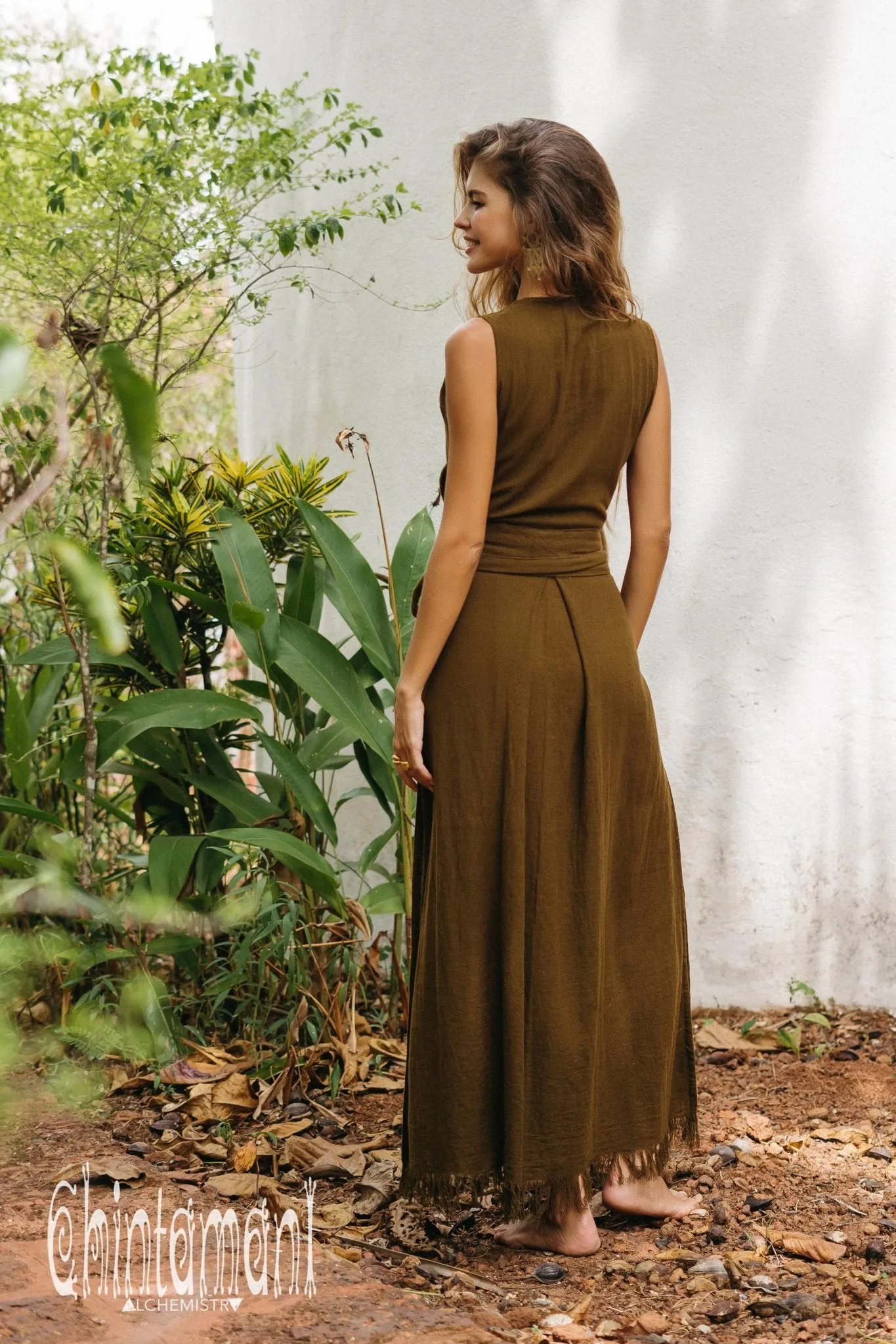 Gypsy Raw Cotton Sleeveless Long Wrap Dress / Brown