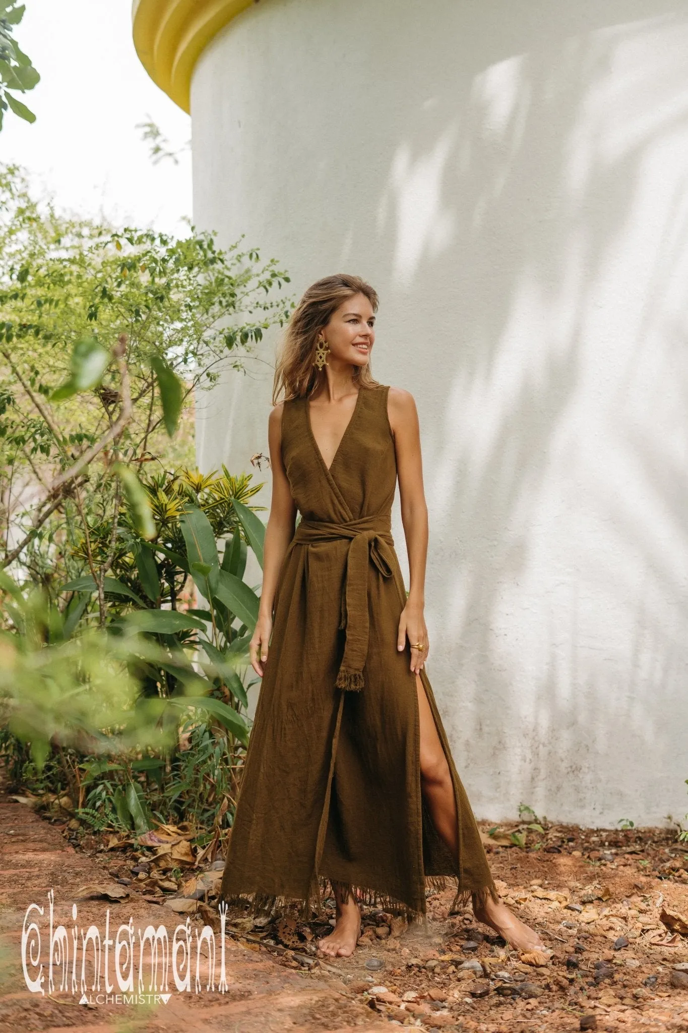 Gypsy Raw Cotton Sleeveless Long Wrap Dress / Brown