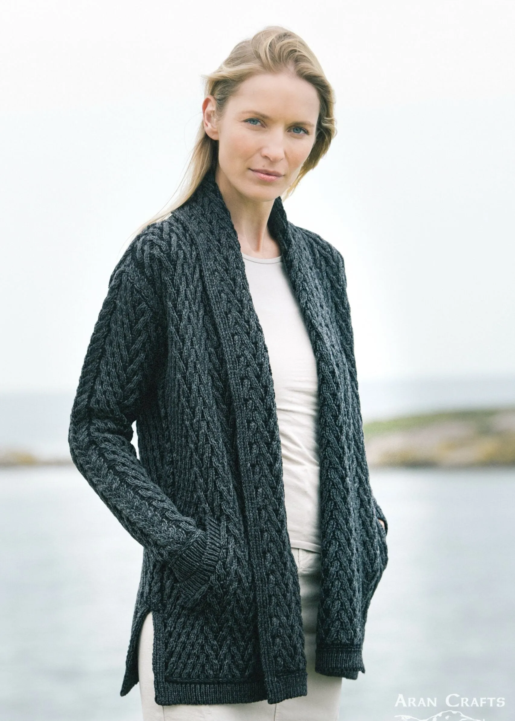 Herringbone Edge to Edge Aran Cardigan | Charcoal