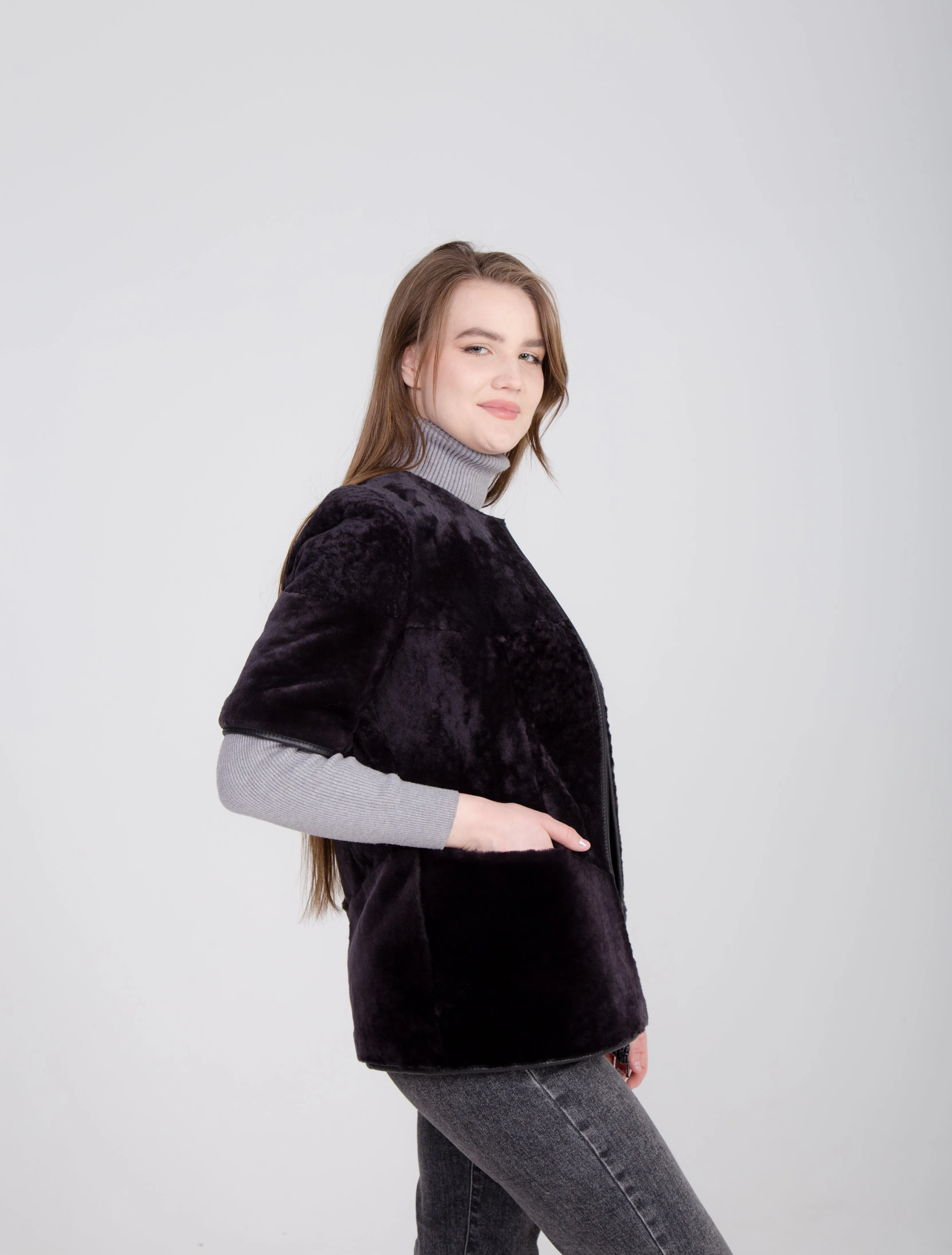 Long Black Shearling Gilet with Boucle Sheepskin and Fur Sleeves and Hem