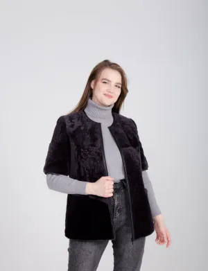 Long Black Shearling Gilet with Boucle Sheepskin and Fur Sleeves and Hem