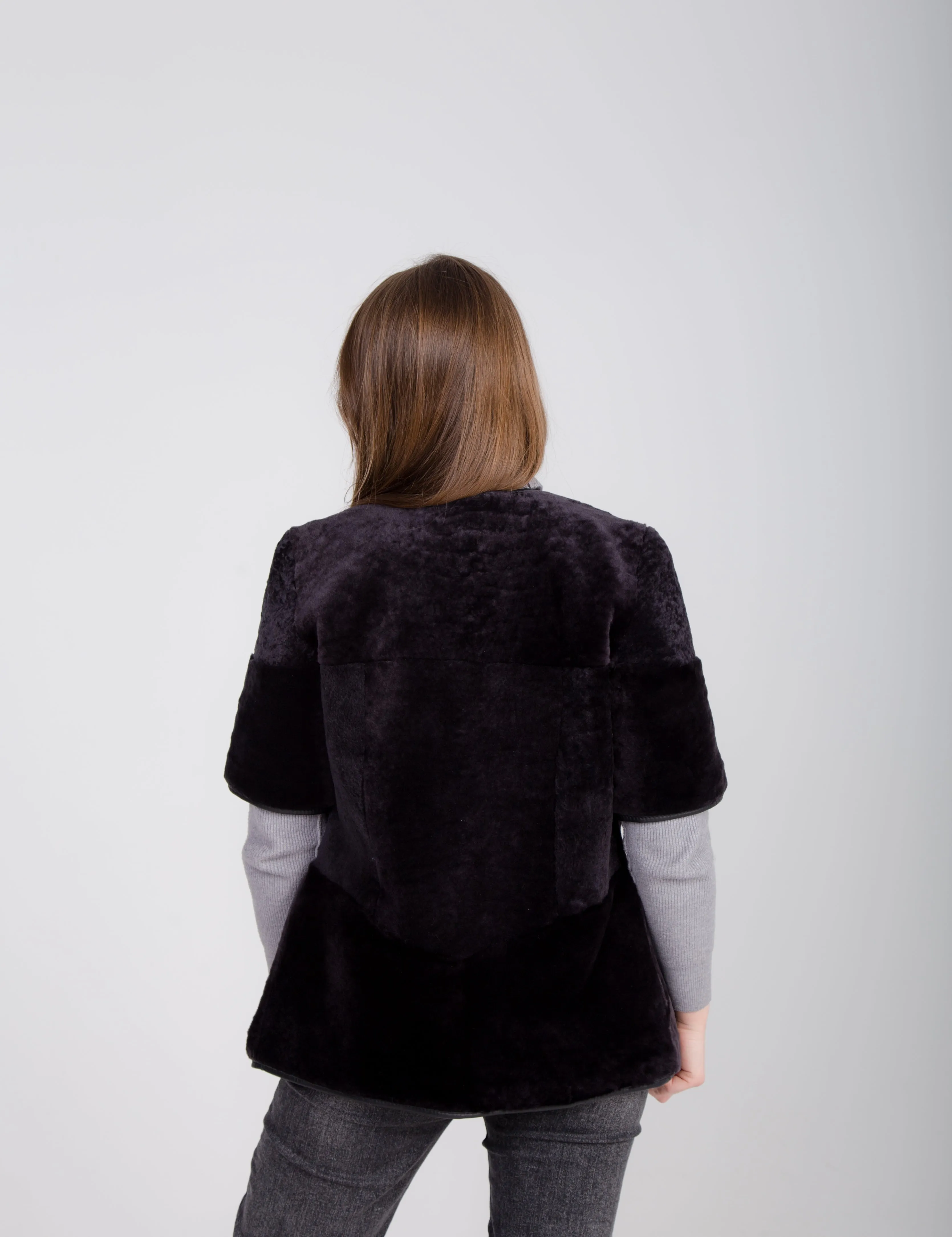 Long Black Shearling Gilet with Boucle Sheepskin and Fur Sleeves and Hem