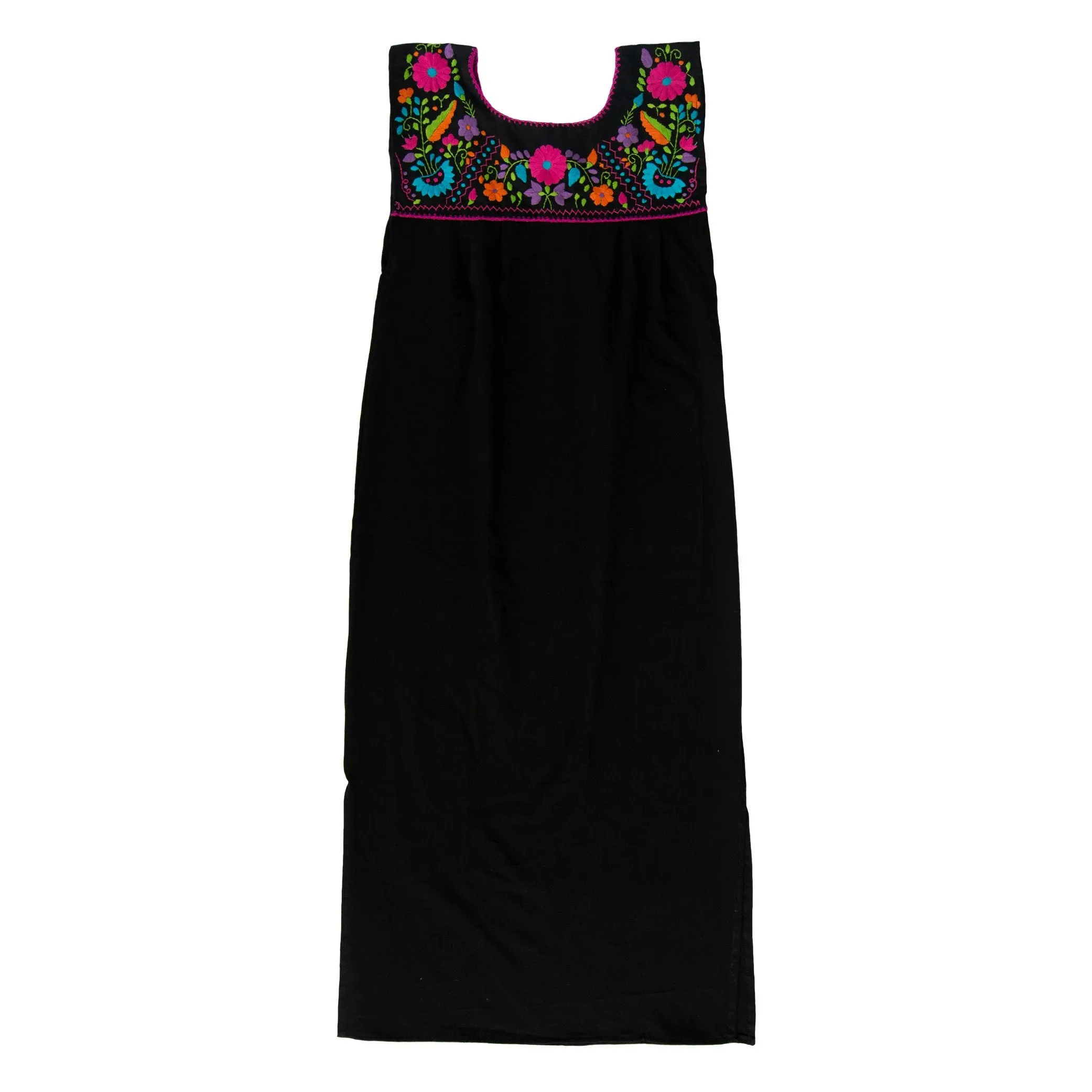 Maxi Isidra, Black Dress Hand embroidered with Colorful Flowers.