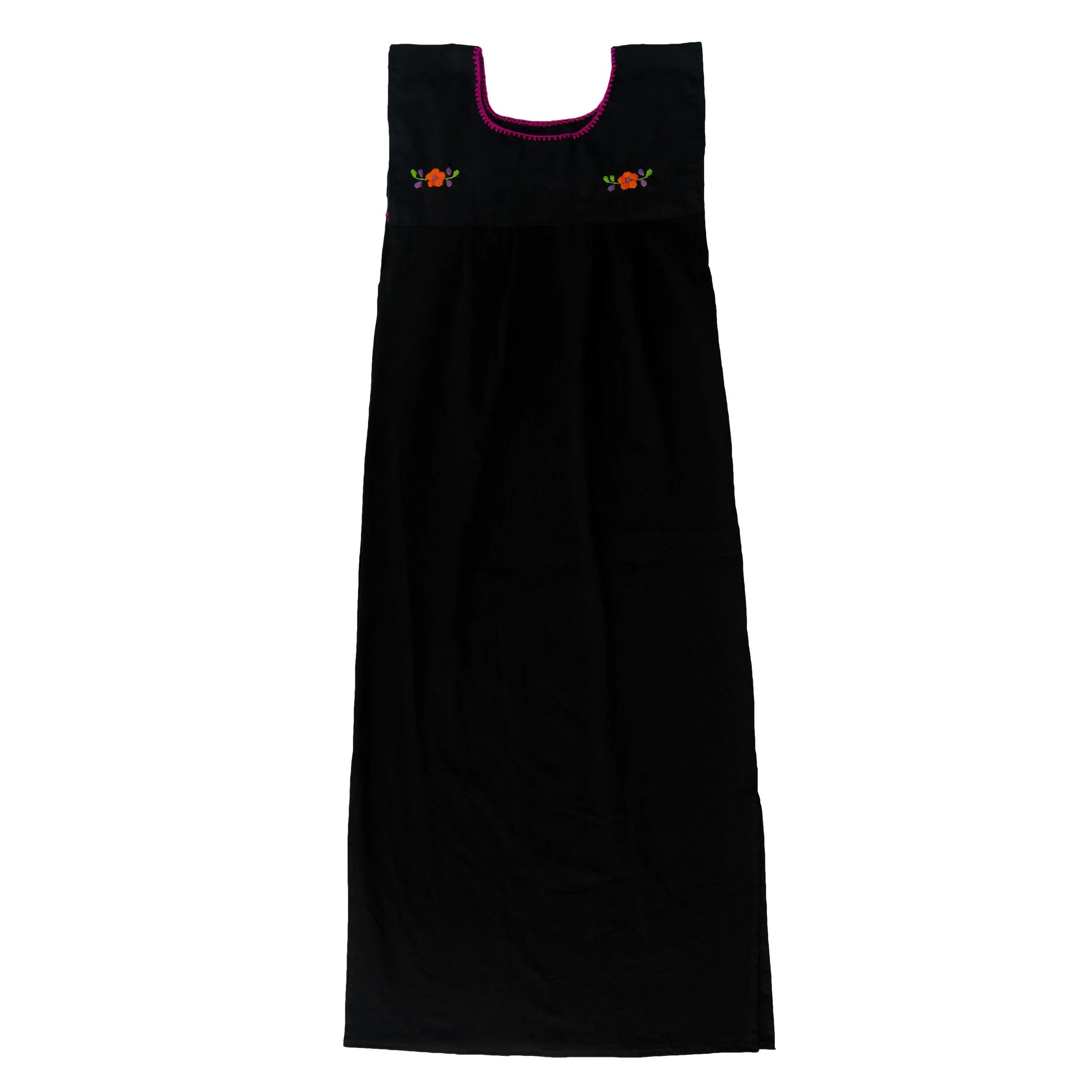 Maxi Isidra, Black Dress Hand embroidered with Colorful Flowers.