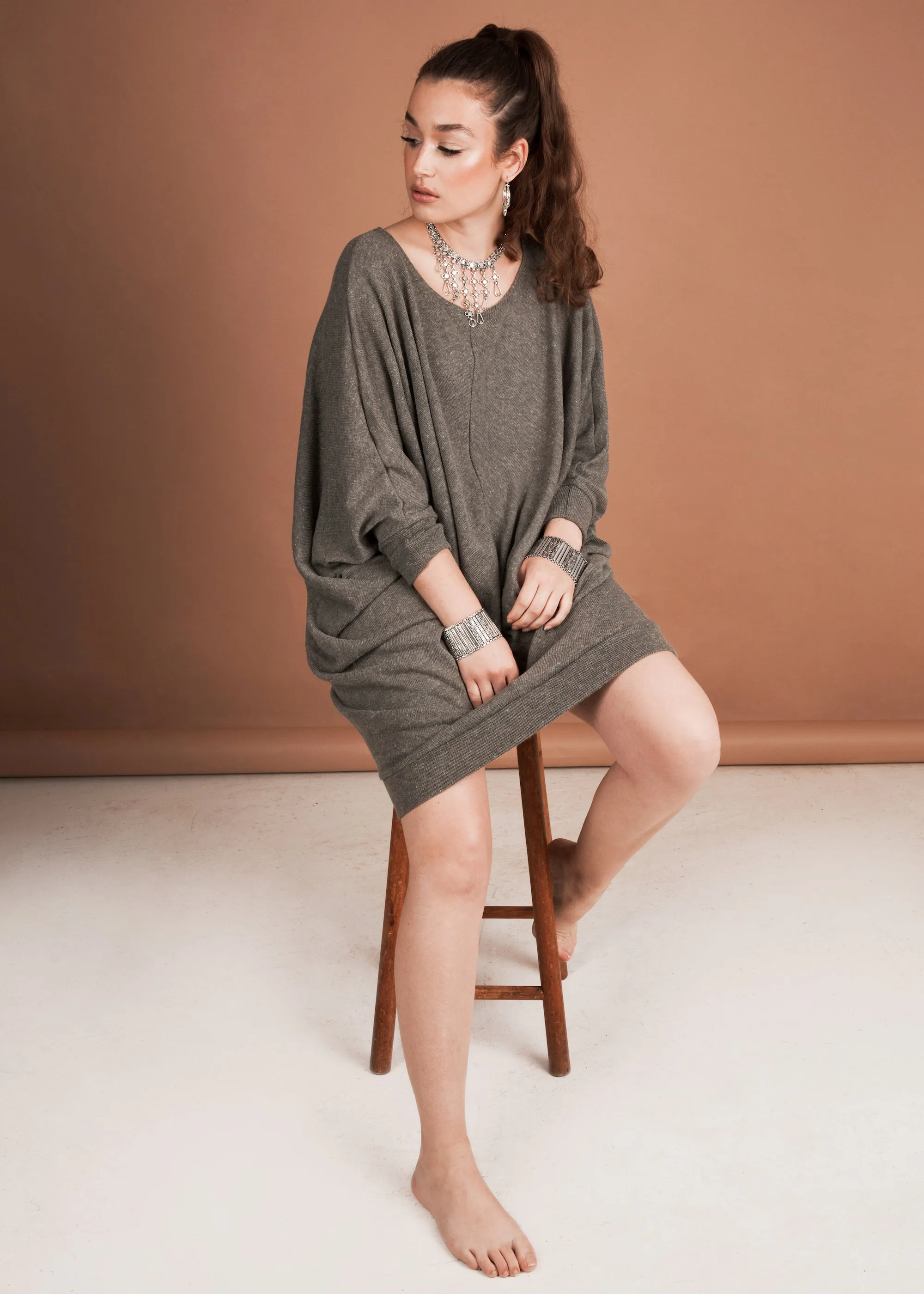 Oversized Drop Shoulder Jumper Dress - Grey