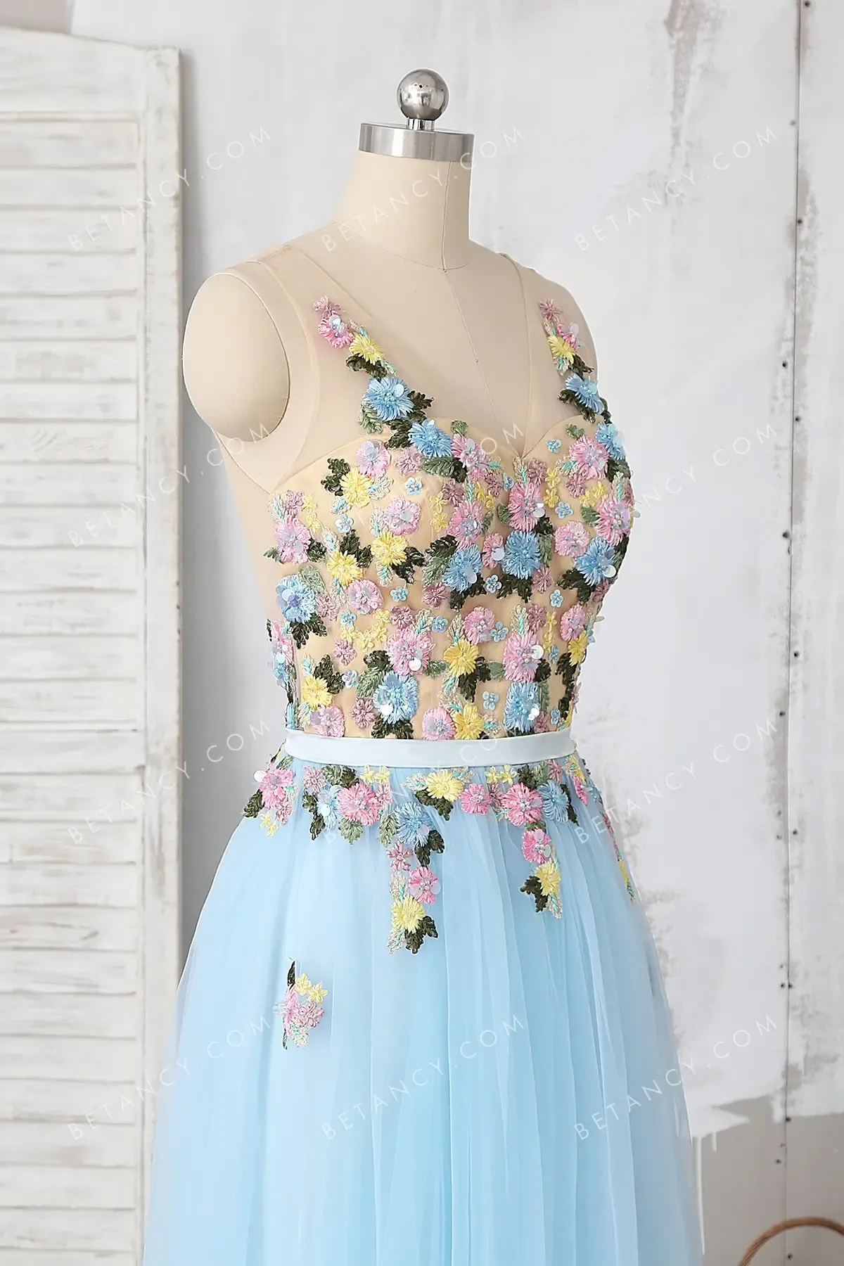 Polychrome 3d Flowers Baby Blue Fairy Formal Dress