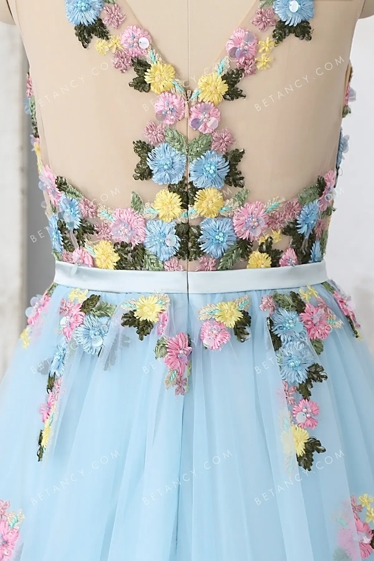 Polychrome 3d Flowers Baby Blue Fairy Formal Dress