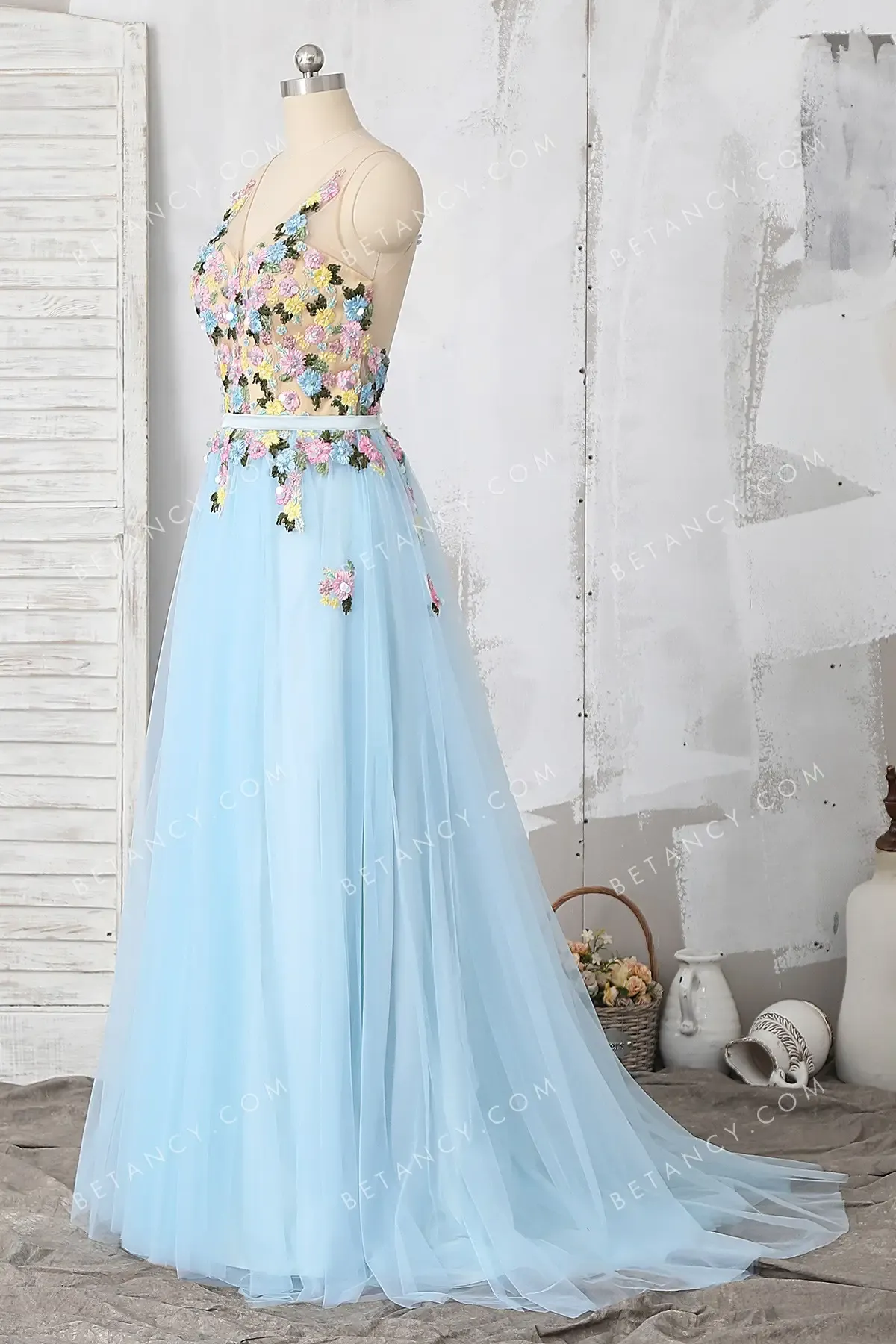 Polychrome 3d Flowers Baby Blue Fairy Formal Dress