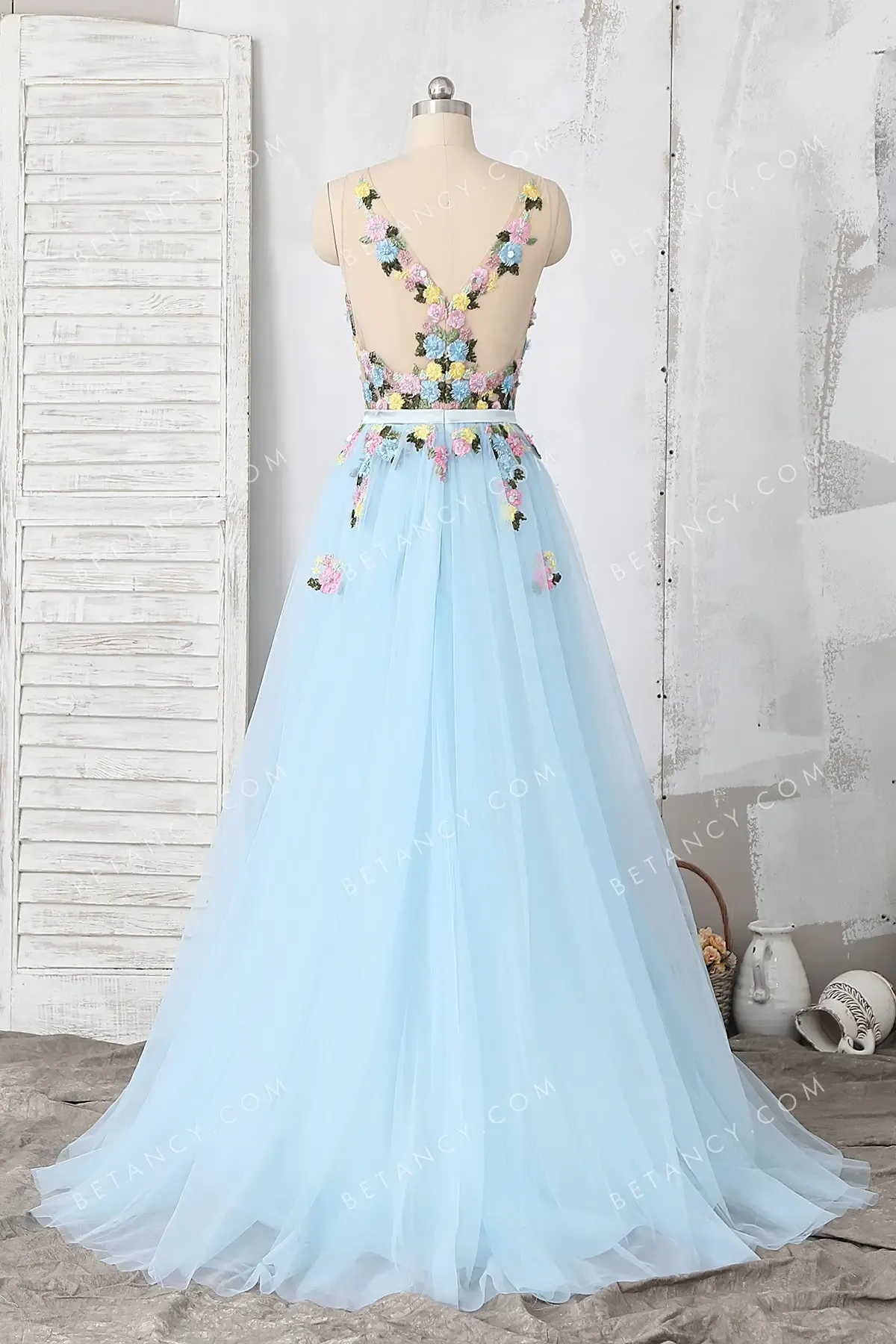 Polychrome 3d Flowers Baby Blue Fairy Formal Dress