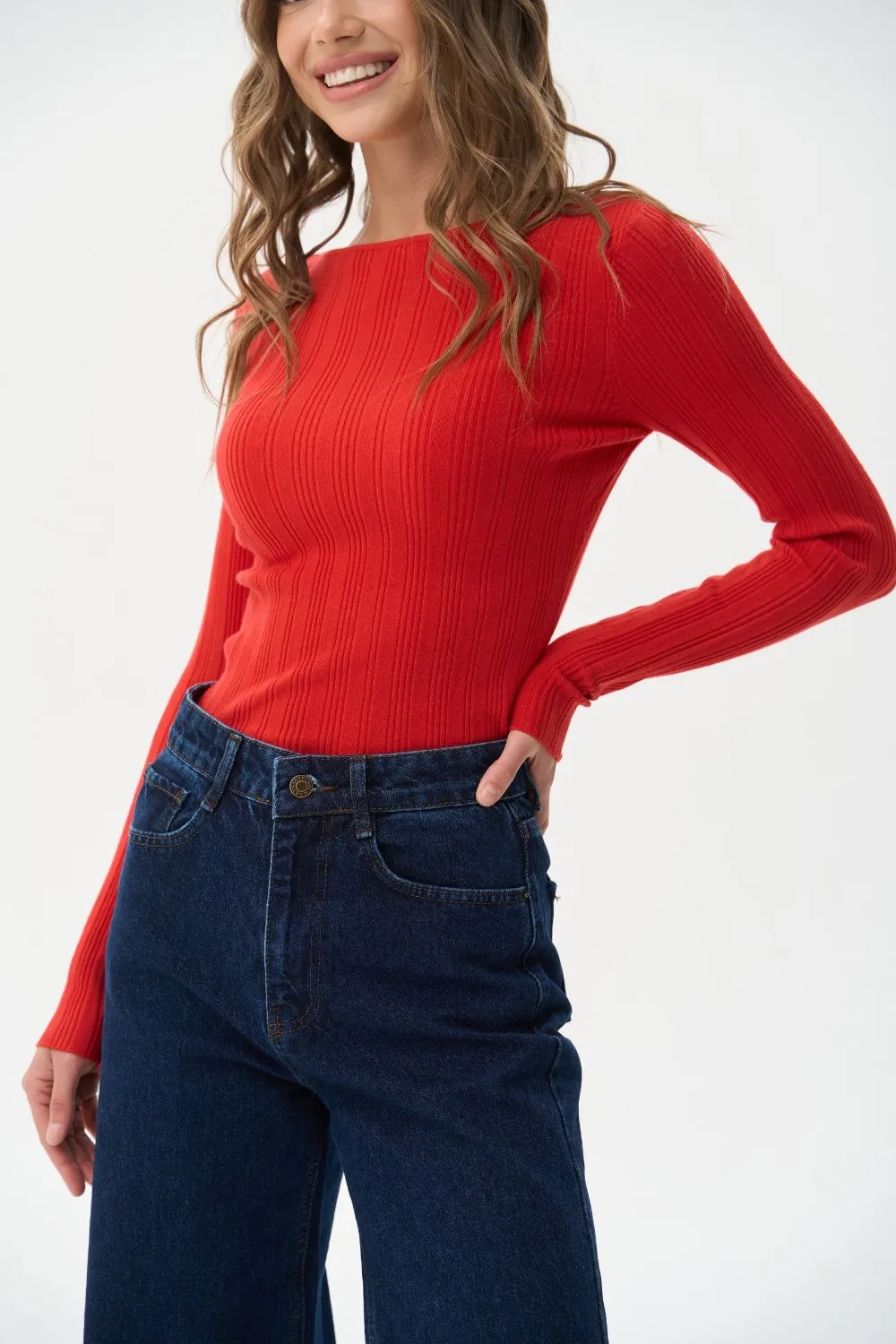 Red Long Sleeve Rib Knit Sweater