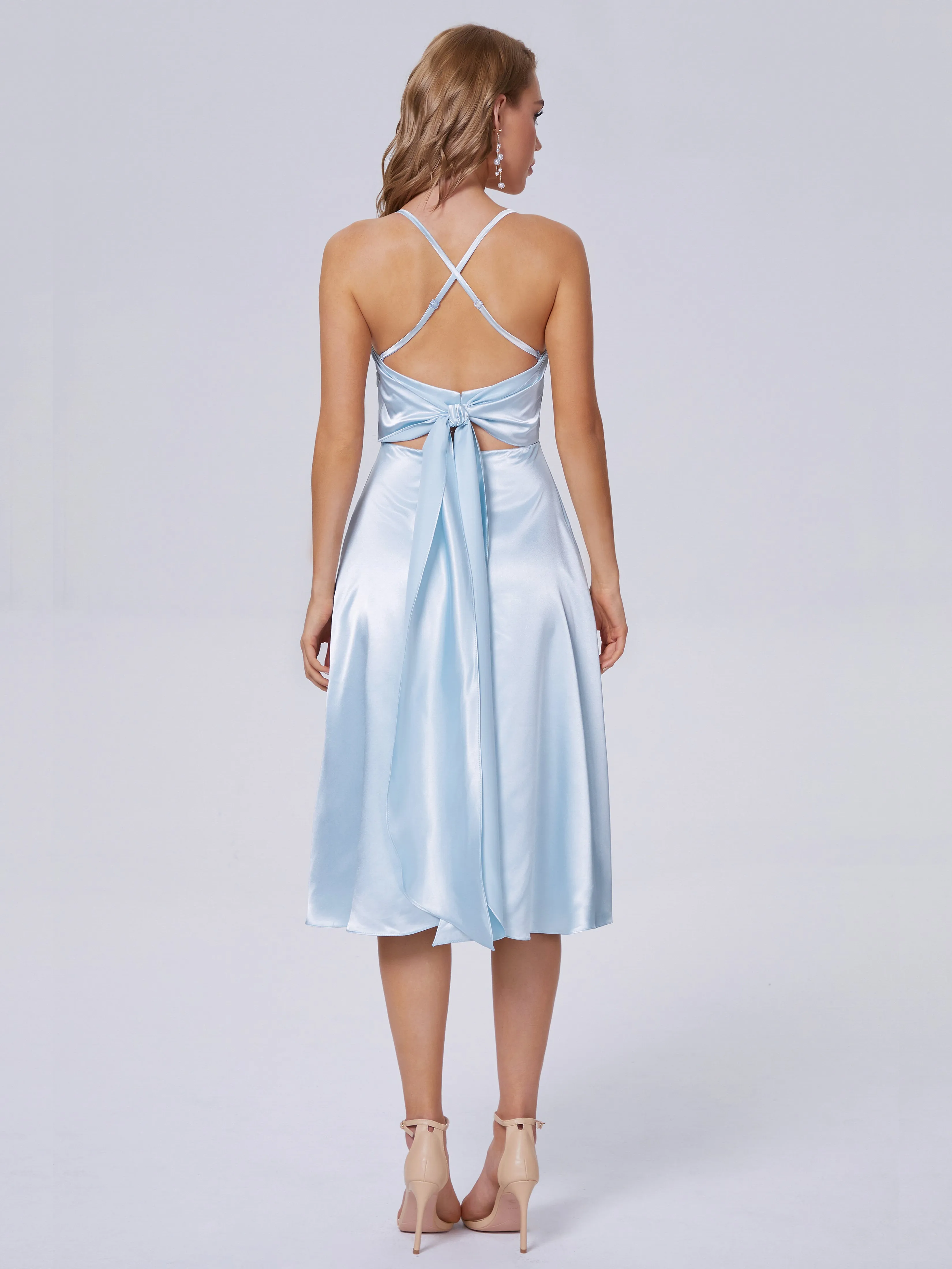 Rowan Knee-length Scoop Bowknot Soft Satin Bridesmaid Dresses