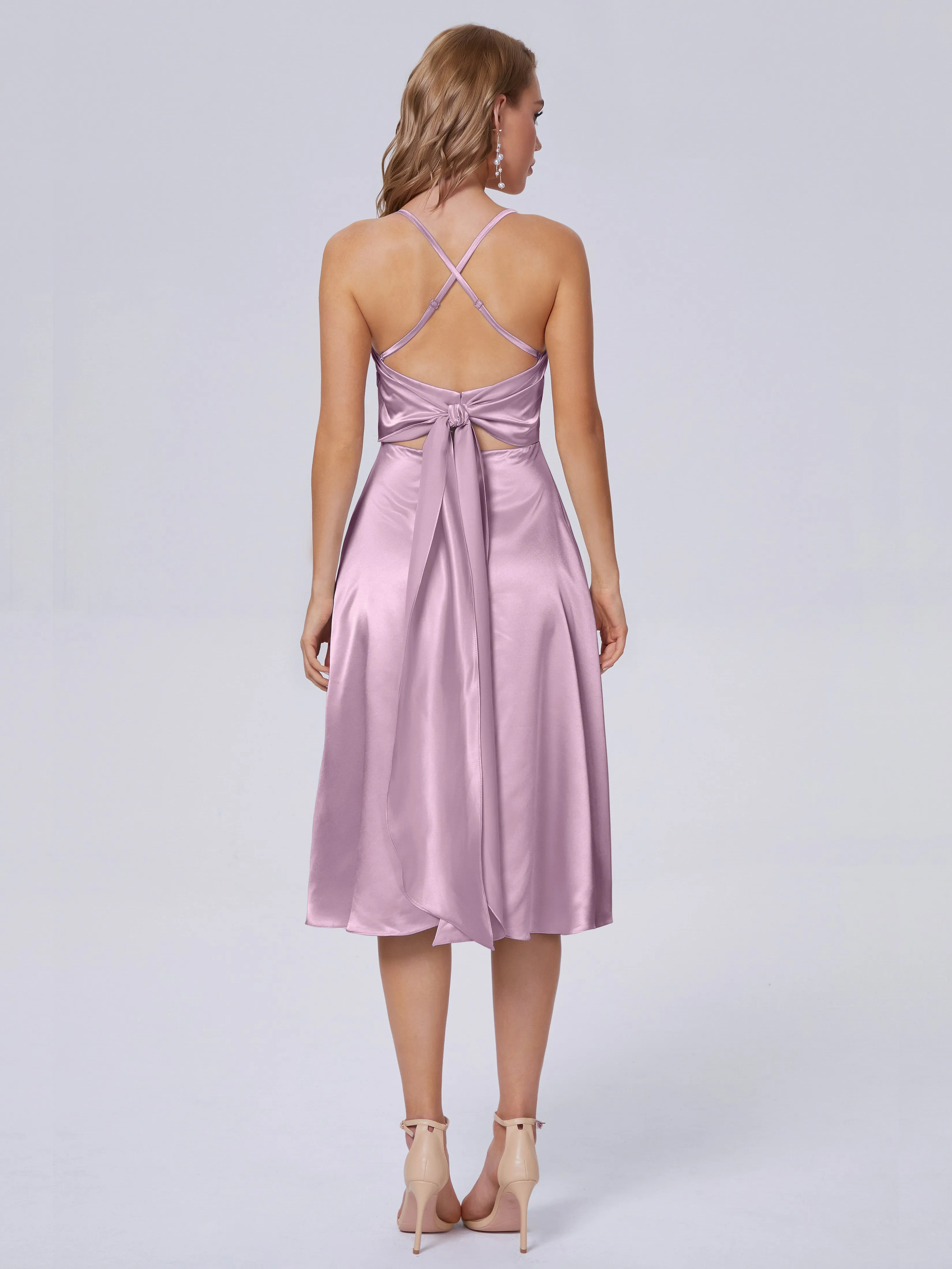 Rowan Knee-length Scoop Bowknot Soft Satin Bridesmaid Dresses