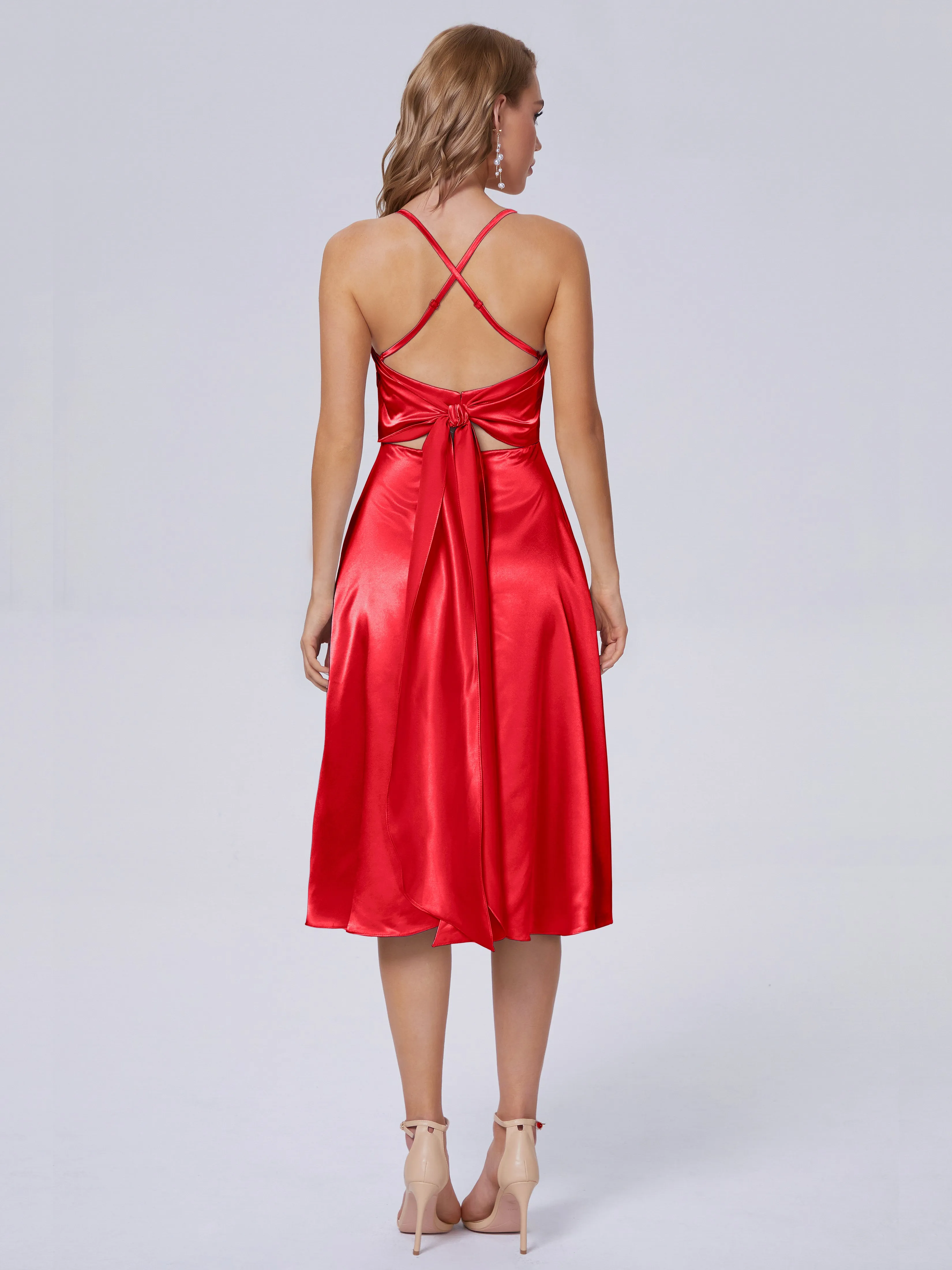 Rowan Knee-length Scoop Bowknot Soft Satin Bridesmaid Dresses