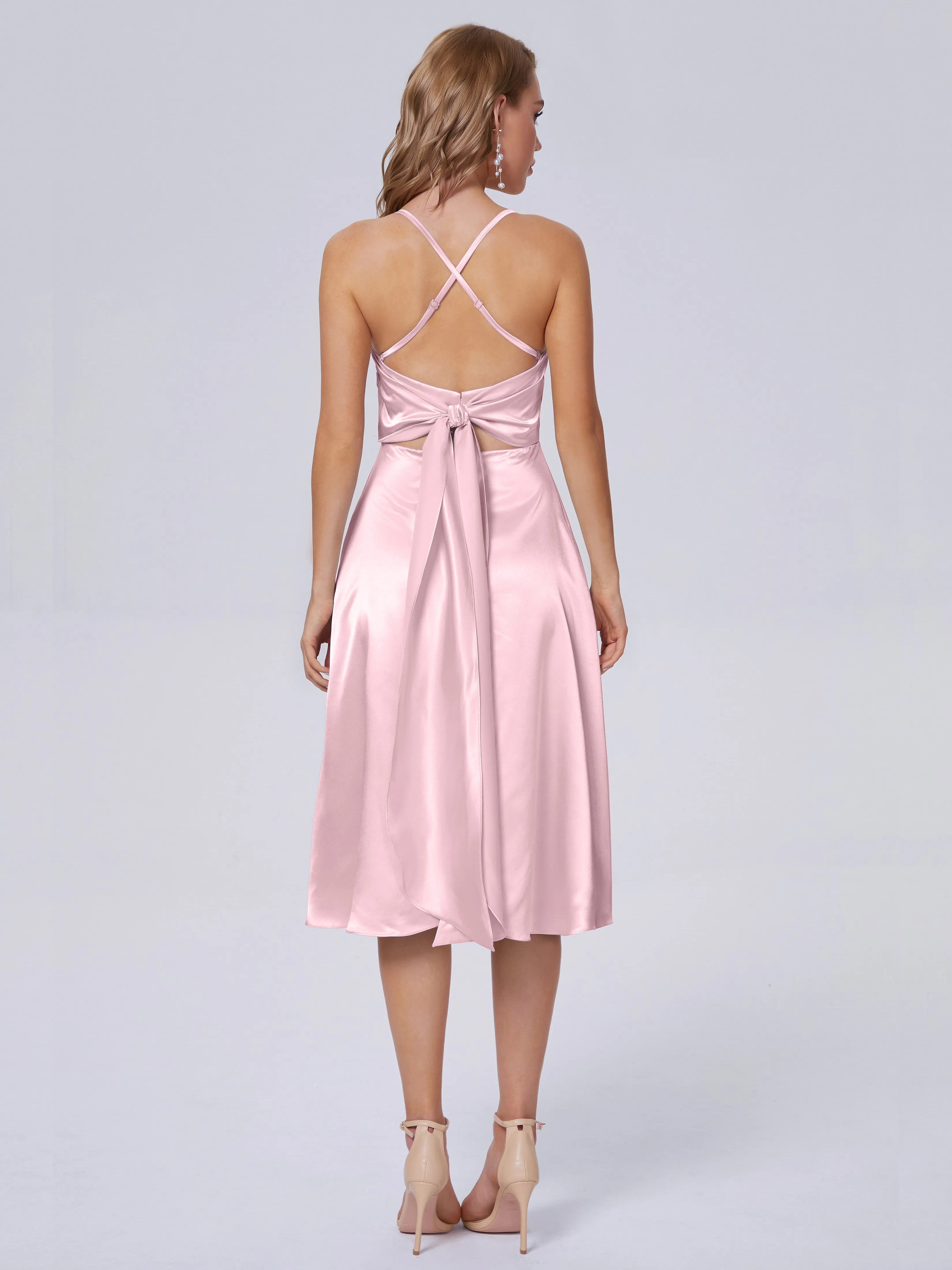 Rowan Knee-length Scoop Bowknot Soft Satin Bridesmaid Dresses