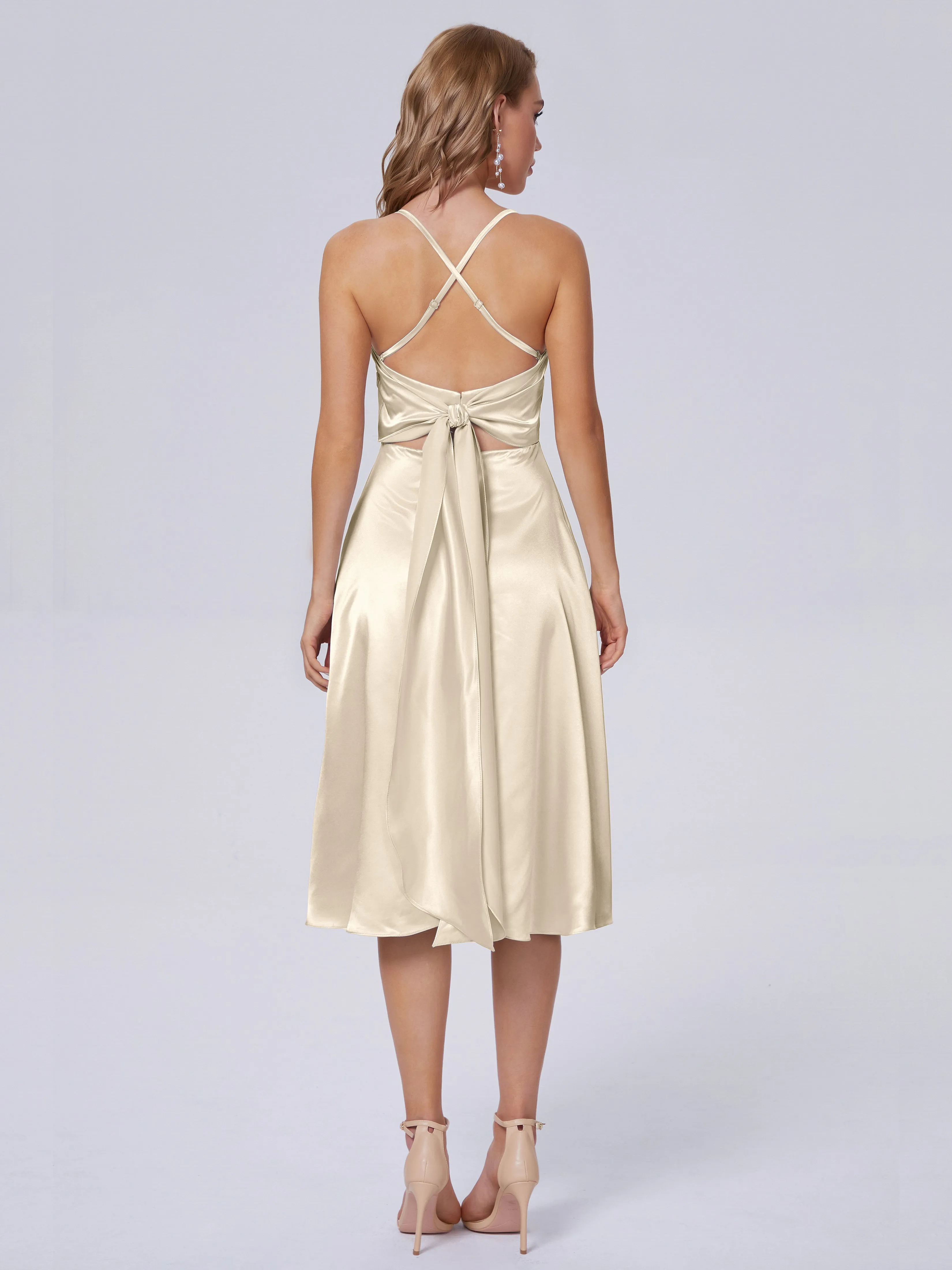 Rowan Knee-length Scoop Bowknot Soft Satin Bridesmaid Dresses