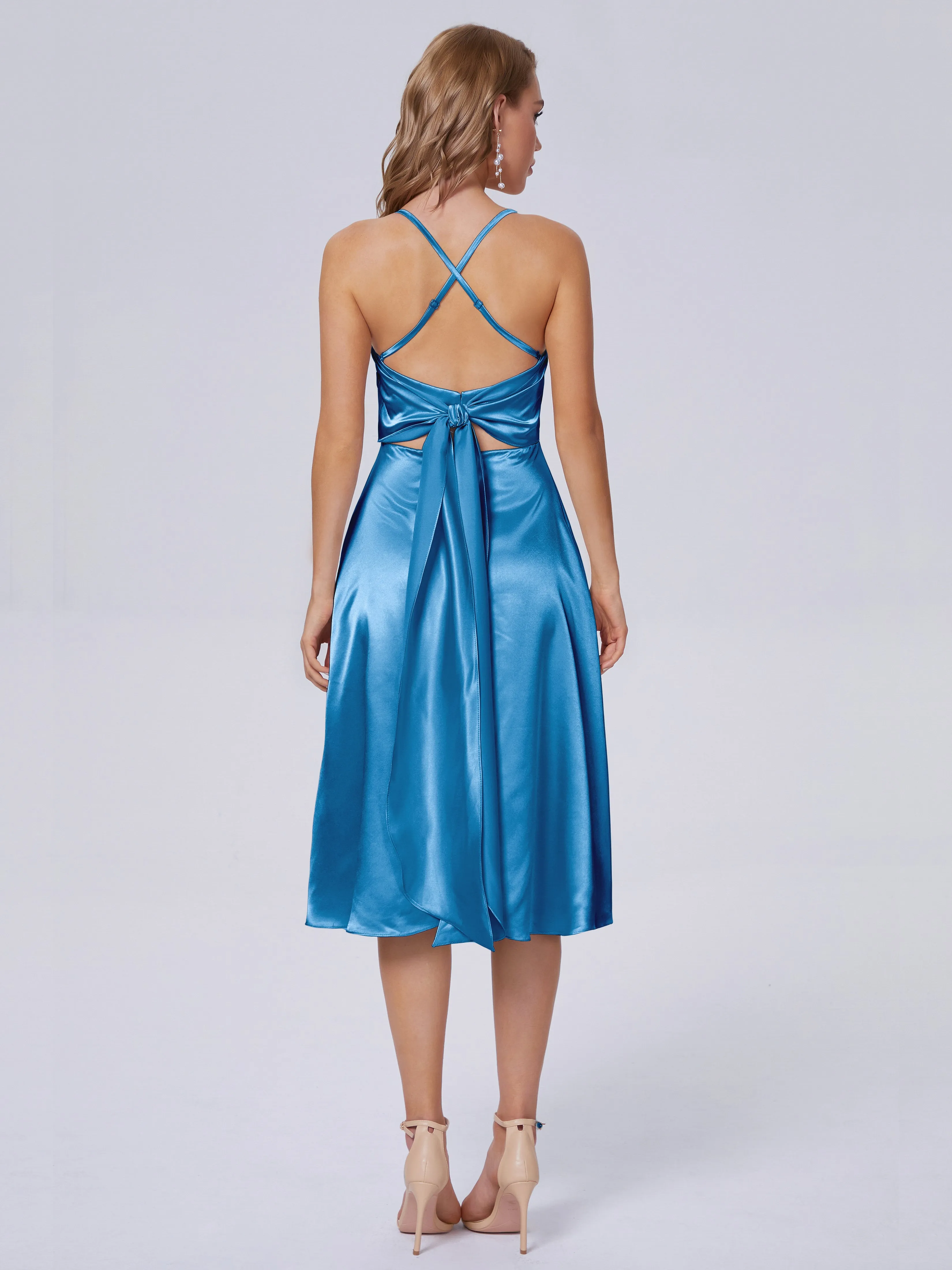 Rowan Knee-length Scoop Bowknot Soft Satin Bridesmaid Dresses