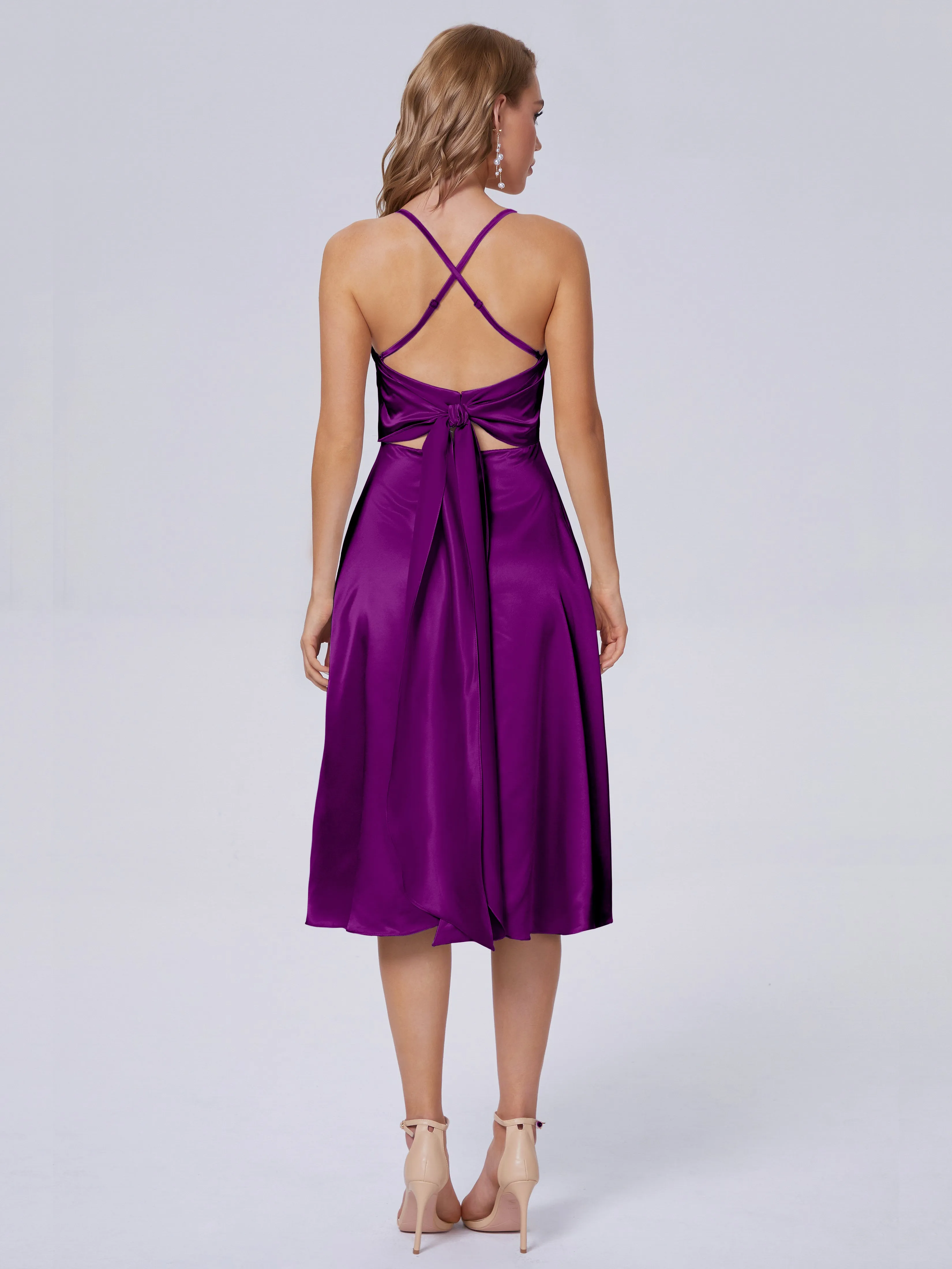 Rowan Knee-length Scoop Bowknot Soft Satin Bridesmaid Dresses