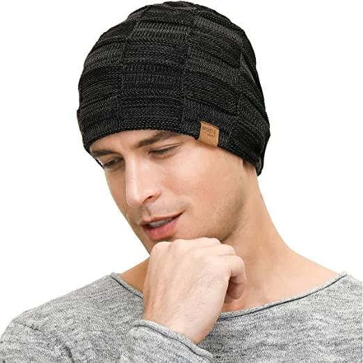 Slouchy Beanie for Men - Black, Winter Hats for Guys Cool Beanies Men's Lined Knit Warm Thick Skully Stocking Beanie Hat