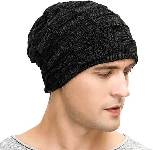 Slouchy Beanie for Men - Black, Winter Hats for Guys Cool Beanies Men's Lined Knit Warm Thick Skully Stocking Beanie Hat