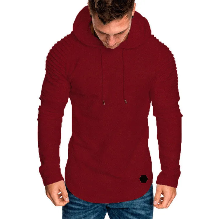 SOLID COLOR PLEATED SLEEVE WRINKLE HOODIE