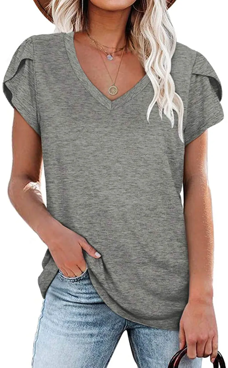 WIHOLL Womens Tops V Neck Summer Petal Sleeve Casual Tshirts